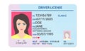 Driver license with female photo. Identification or ID card, document template. Vector illustration Royalty Free Stock Photo